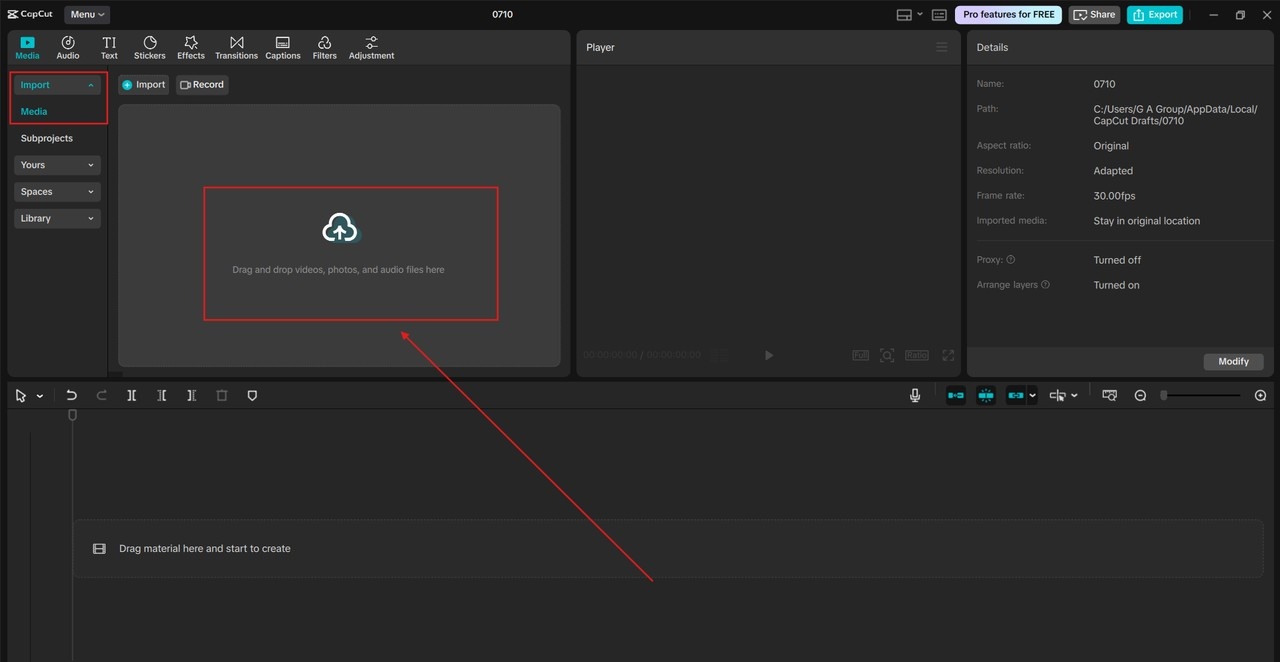 CapCut desktop interface showing how to import videos, photos, and audio into a new project