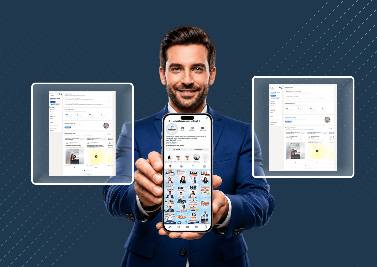 Social media post mockup showing a sponsored post with engaged followers and tech buyers reached stats