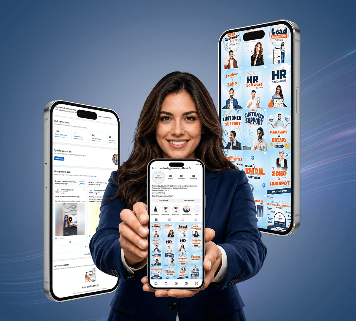 Sponsored social media posts across LinkedIn, X, and Meta showing reach across multiple platforms