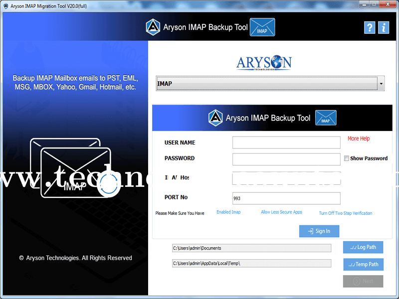 Aryson IMAP Backup Screenshots