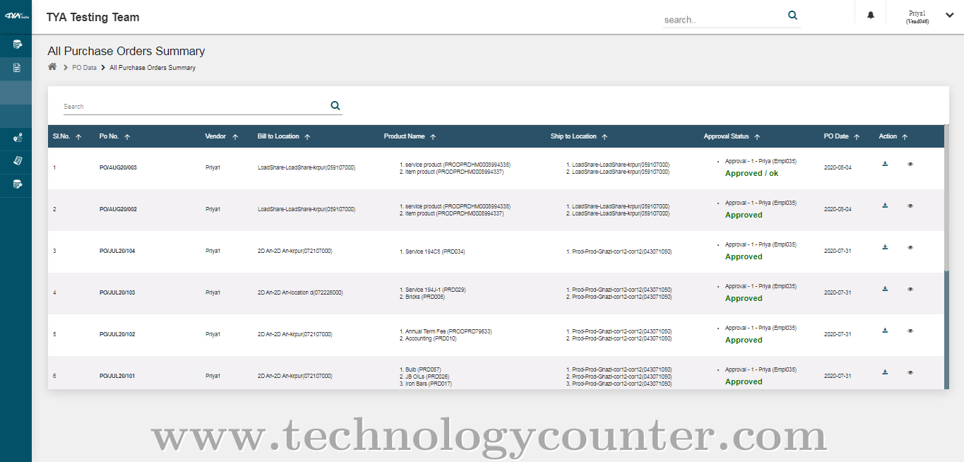 TYASuite Vendor Management Screenshots