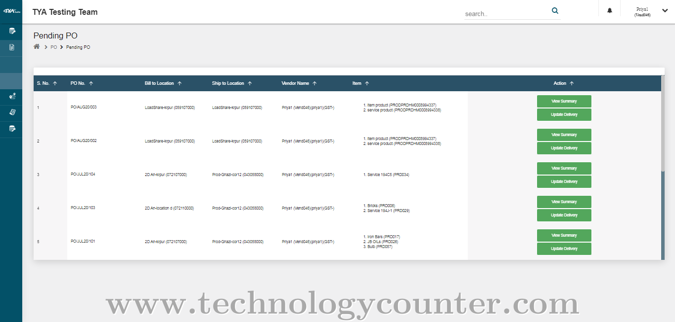 TYASuite Vendor Management Screenshots