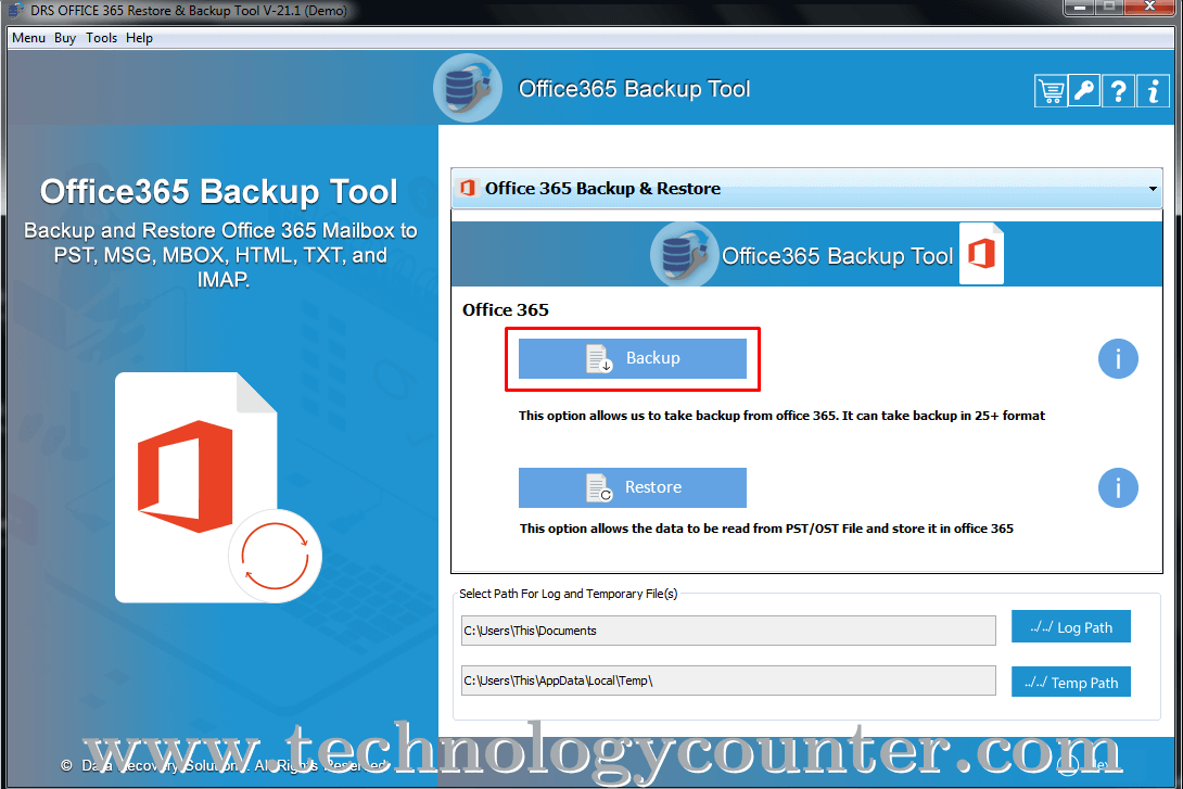 DRS Office 365 Email Backup Screenshots