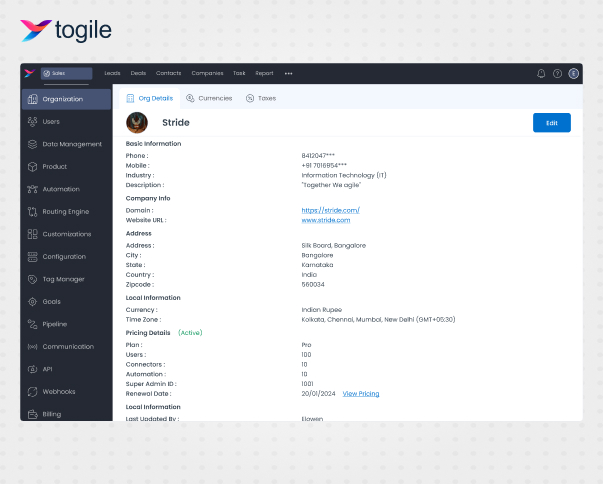 Togile CRM Screenshots