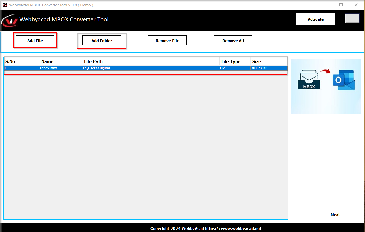 WebbyAcad MBOX Converter Tool Screenshots