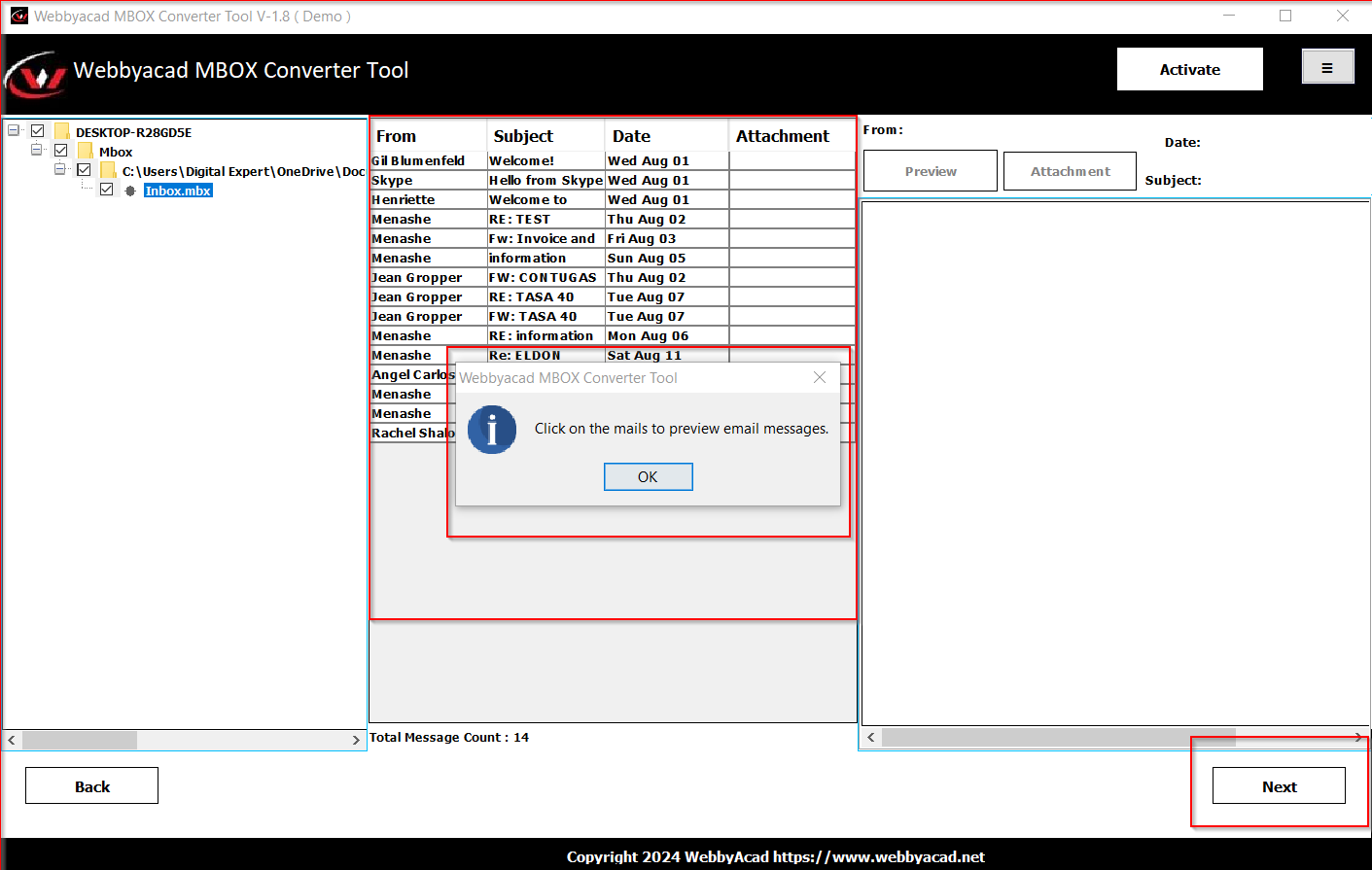 WebbyAcad MBOX Converter Tool Screenshots