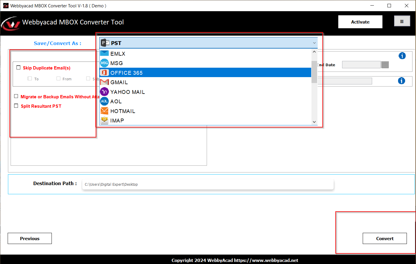 WebbyAcad MBOX Converter Tool Screenshots