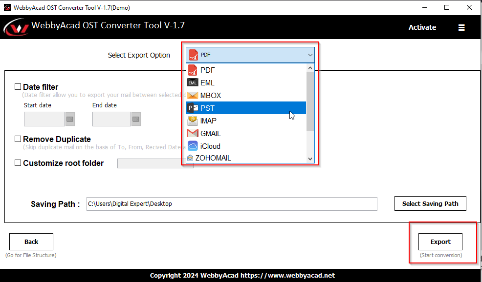 WebbyAcad OST to PST Converter Screenshots