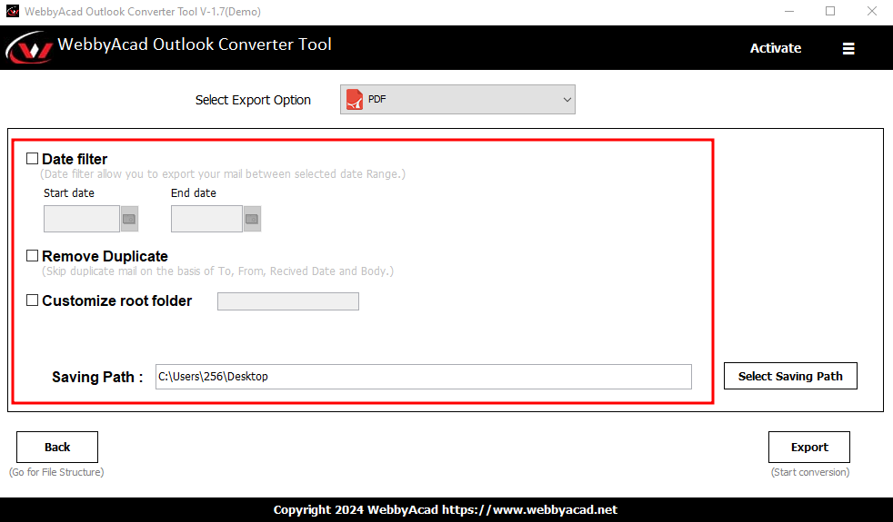 WebbyAcad Outlook Exporter Screenshots