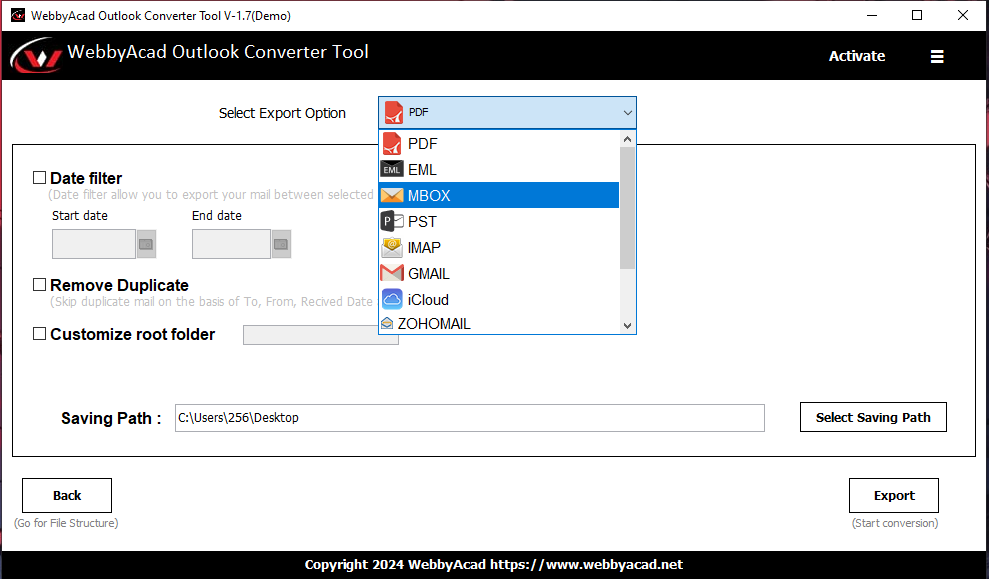 WebbyAcad Outlook Exporter Screenshots