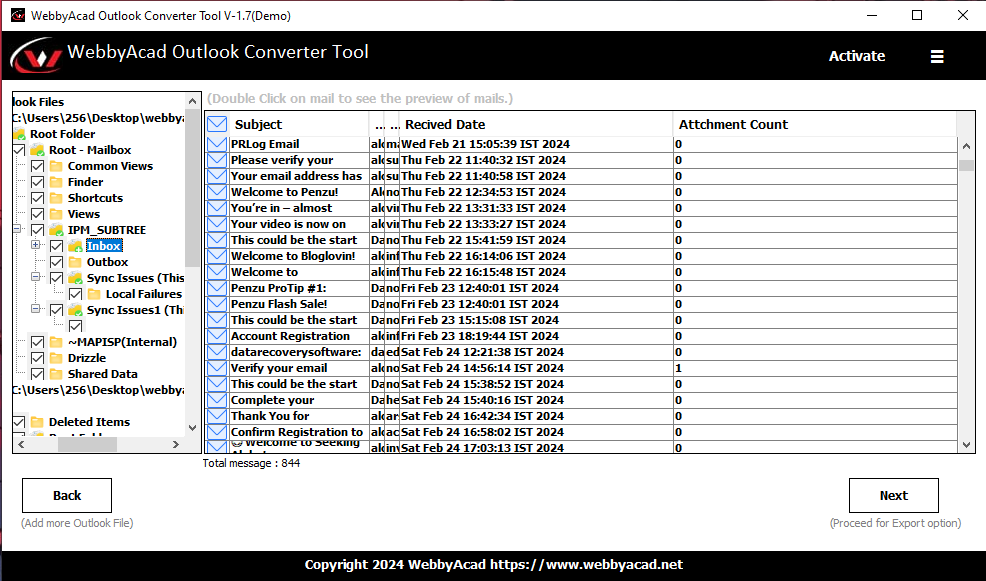 WebbyAcad Outlook Exporter Screenshots