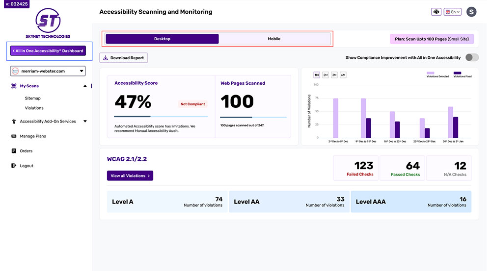 Skynet Accessibility Scanning and Monitoring Screenshots