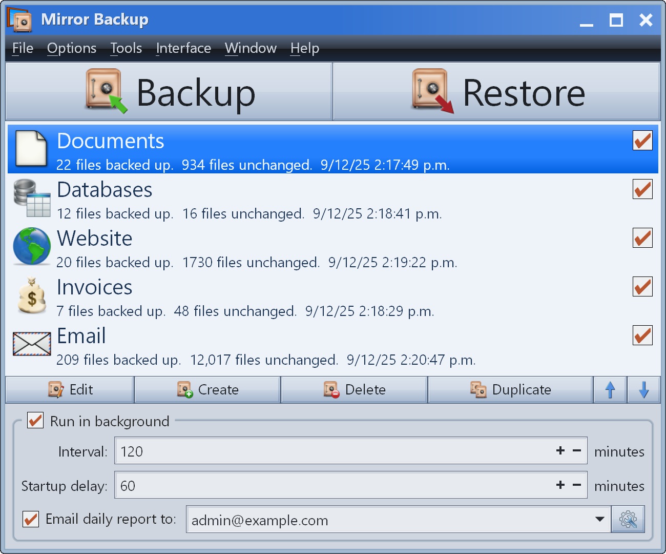 Mirror Backup Screenshots