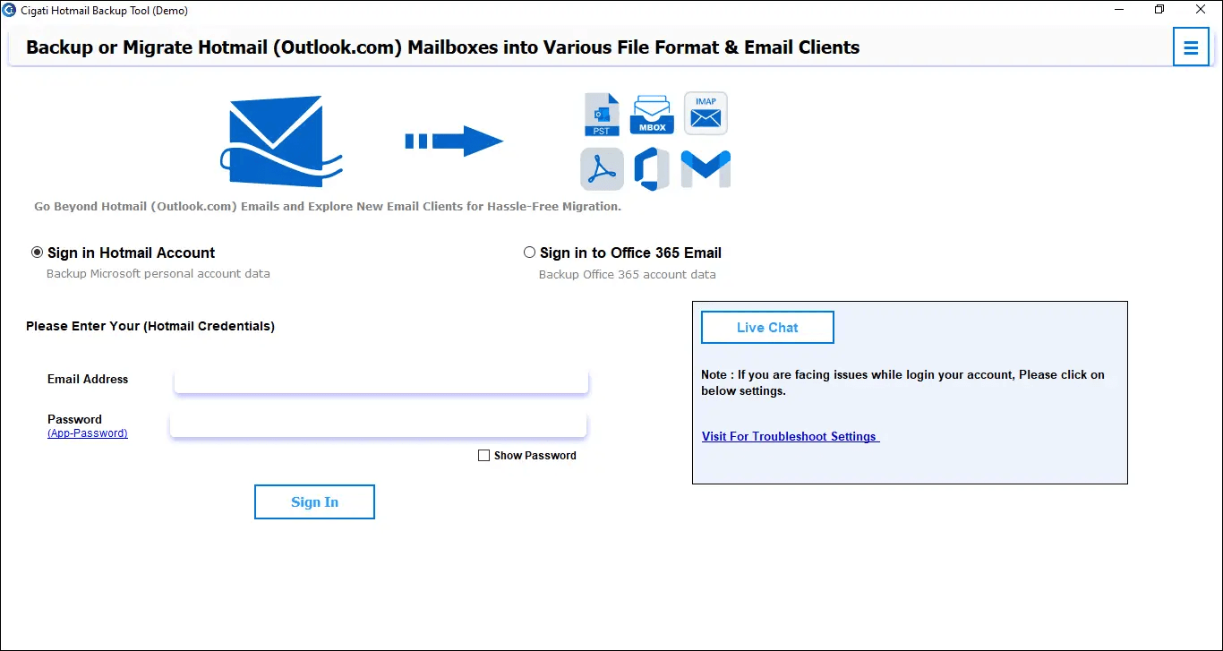 Cigati Hotmail Backup Screenshots