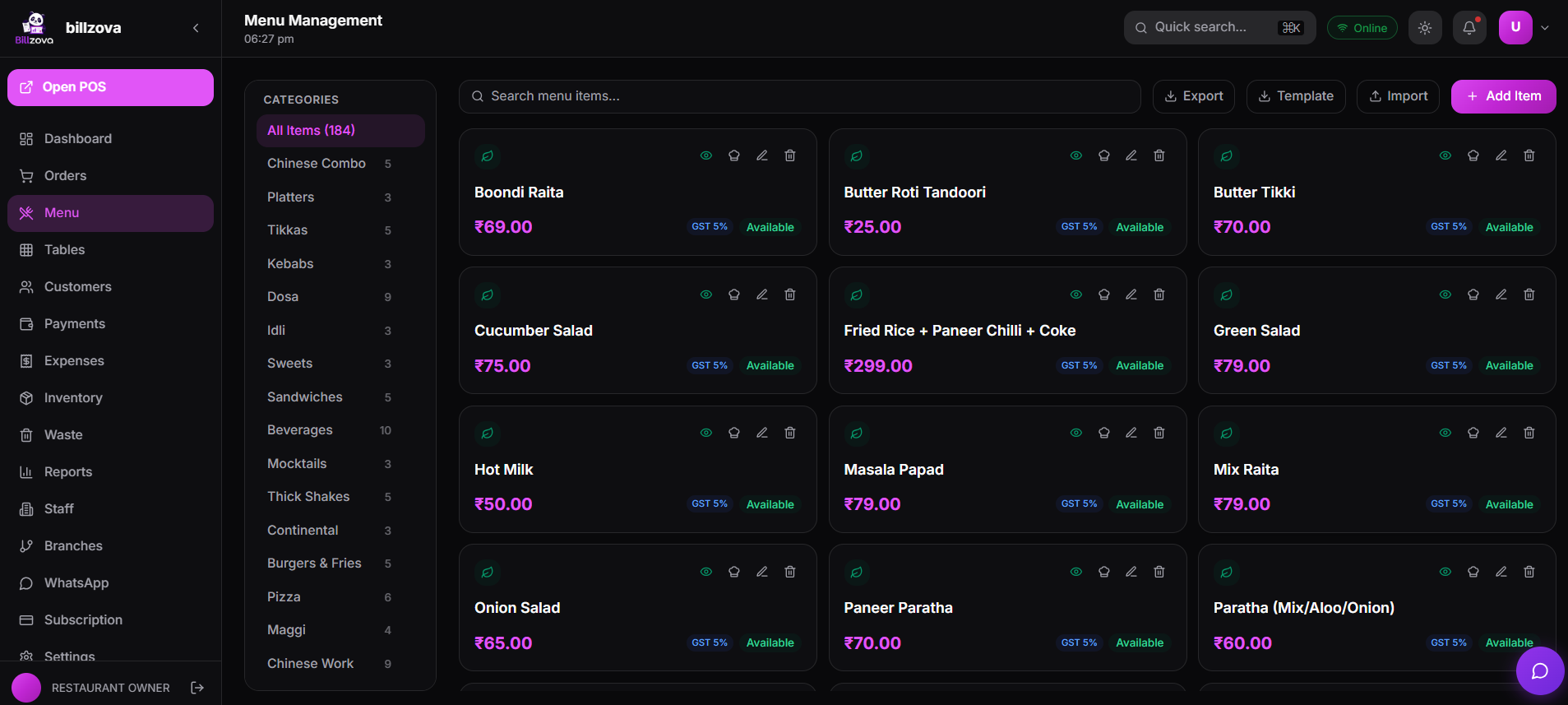 Billzova Restaurant POS Screenshots
