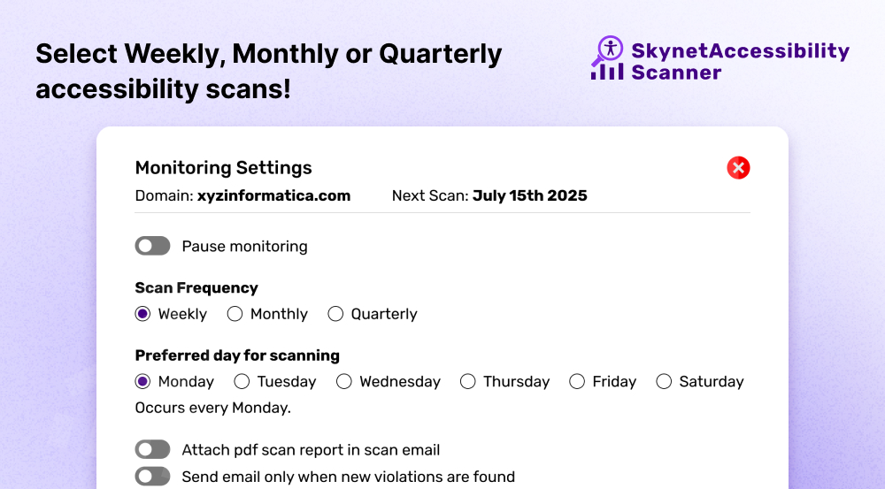 Skynet Accessibility Scanning and Monitoring Screenshots